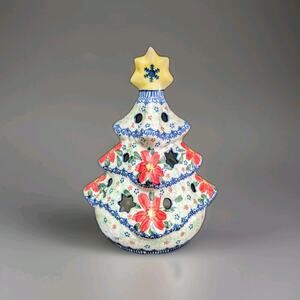 Polish Stoneware Christmas Tree Unikat Poland Hand Painted
